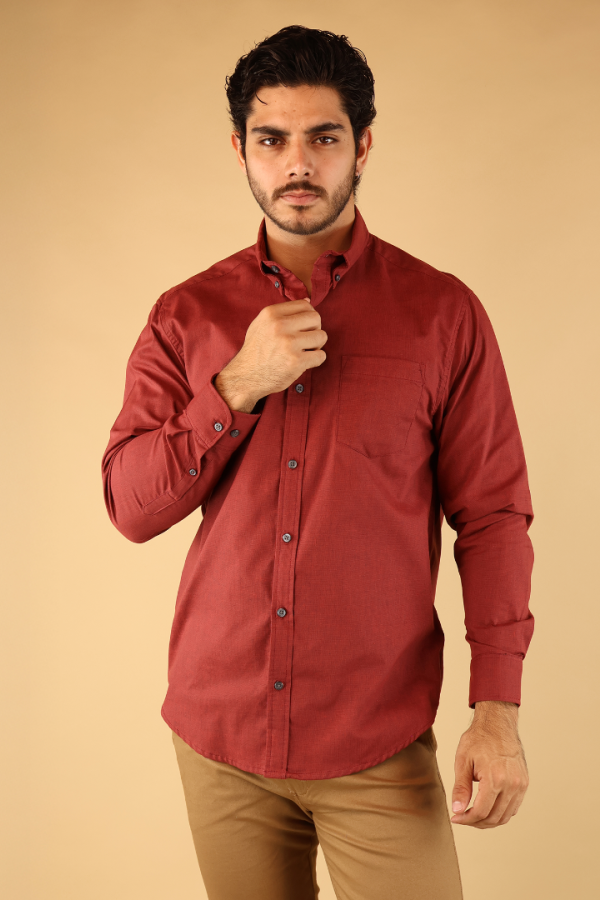 Camisa Manga Larga Rojo Vino Corte Regular De Algodón Elegante Para Caballero